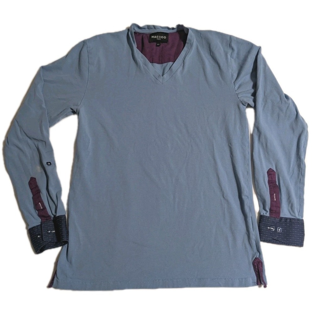 Maceoo Paris Edison V-Neck Long Sleeve Shirt Blue Purple Contrast Cuff - Large 4